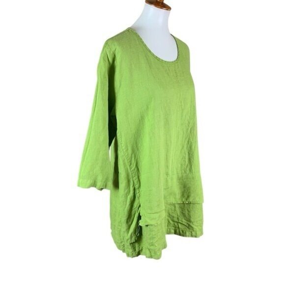 Mosaic USA Green 100% Linen Tunic Top Boho Relaxed Fit Asymmetrical Hem Large - Picture 2 of 4